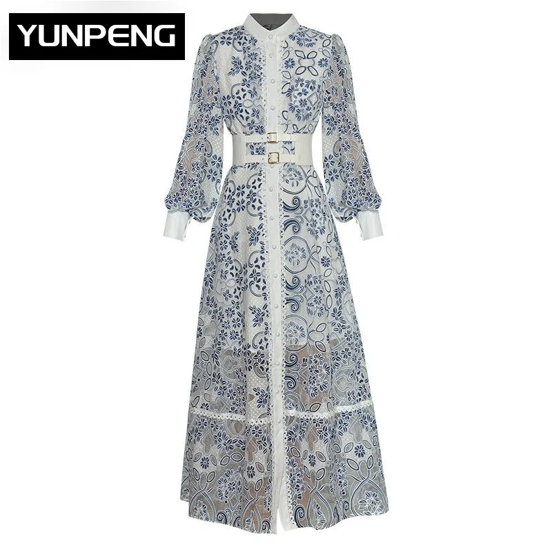 

Spring Dress Women's Lantern Sleeve Belted Single breasted Hollow out Long Elegant Dresses For Women 2023 Luxury Evening