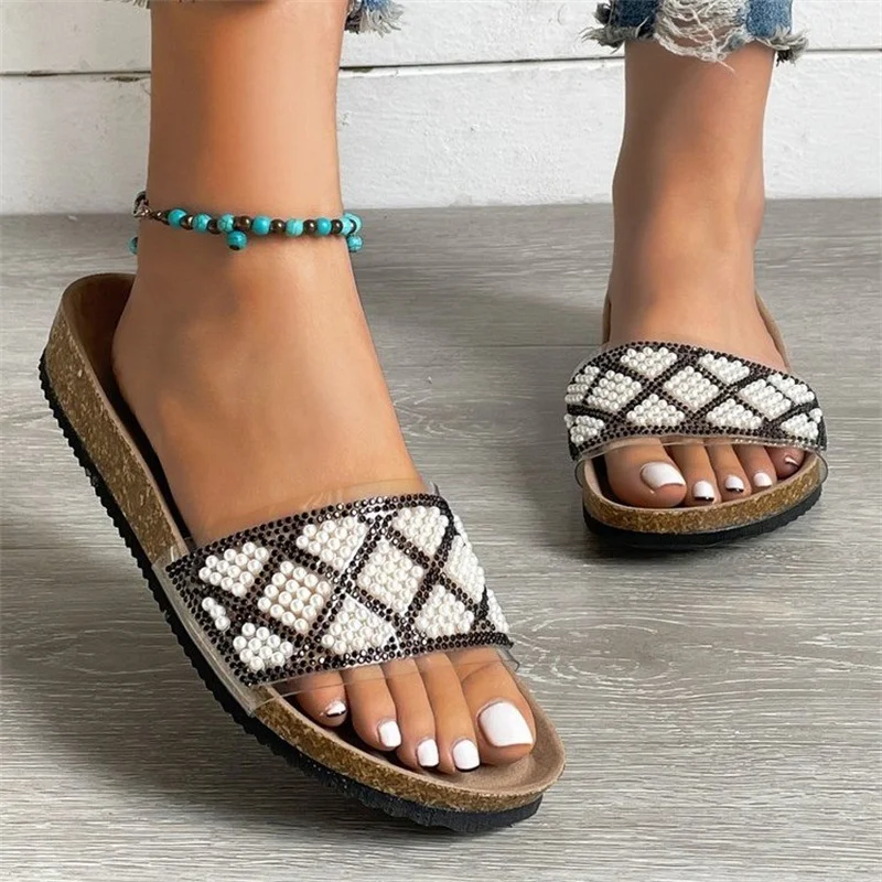 2023 Sexy Women Summer Flat Slippers Rhinestone Shoe Open Toe Roman Beach Sandal Ladies Black Non-slip Slides Size 35-43
