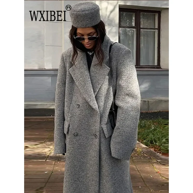 Женское пальто WXIBEI осеннее длинное двубортное