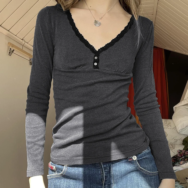 Женский винтажный кроп-топ с V-образным вырезом и длинным рукавом