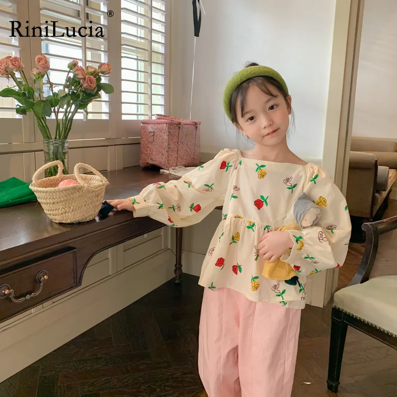 

RiniLucia Kids Baby Girls Autumn Puff Sleeve Cotton Floral Square Collar Casual Tops Shirts Toddler Children Blouses Clothes