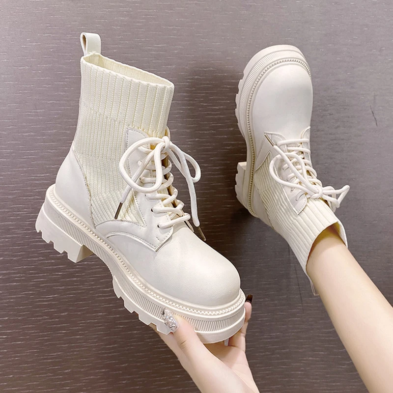 

Rimocy Women's Chunky Platform Ankle Boots Autumn Winter 2022 Lace Up Elastic Knitted Short Boots Woman Fashion PU Leather Shoes