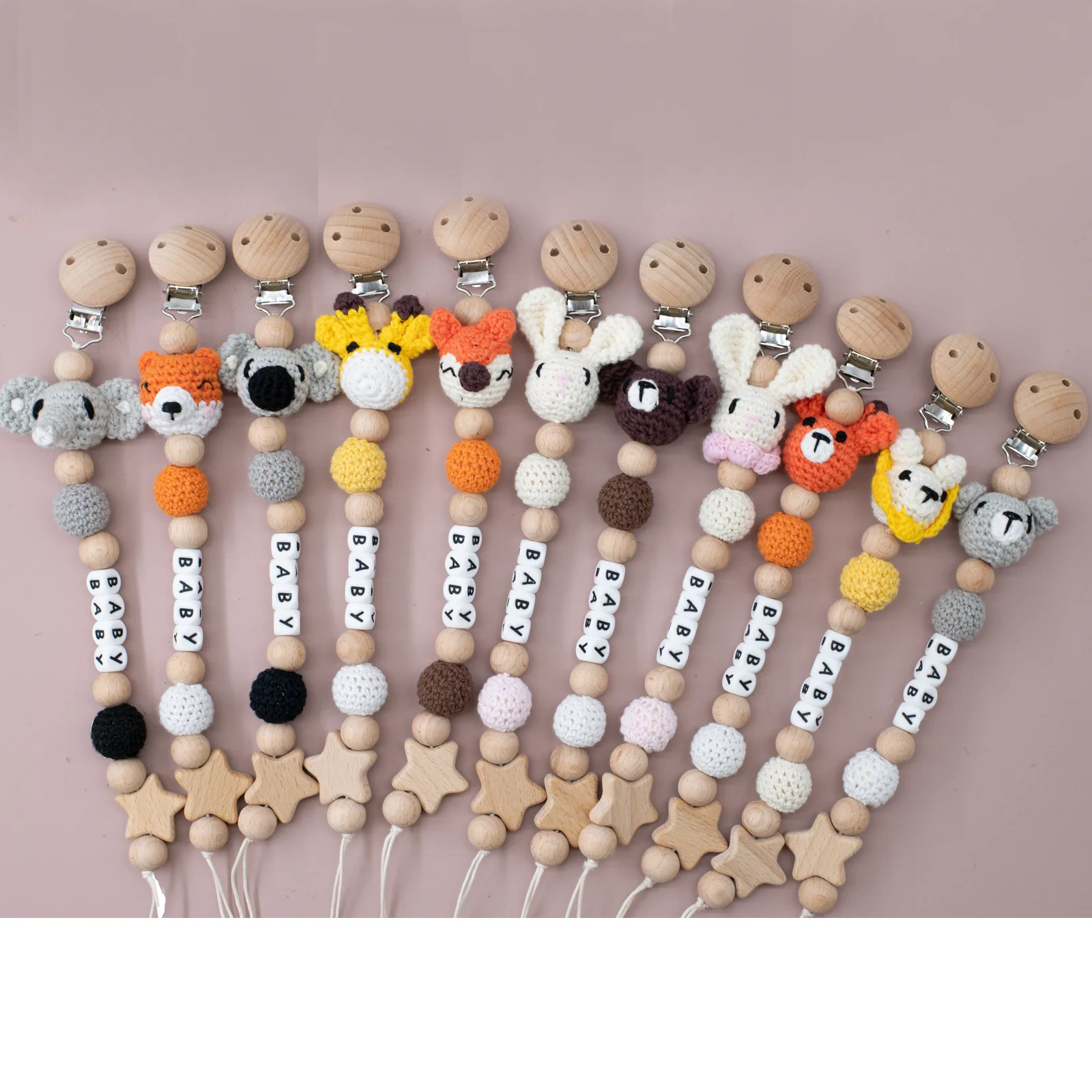 

Personalised Name 1pc Crochet Bunny Baby Pacifier Clip Chain BPA Free Wooden Beads Chain Clips Newborn Dummy Holder Nipple Clip