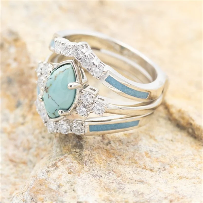 3 Pieces/Set Women's Turquoise Rings Delicate Engagement Wedding Rings Anniversary Birthday Christmas Gift Jewelry