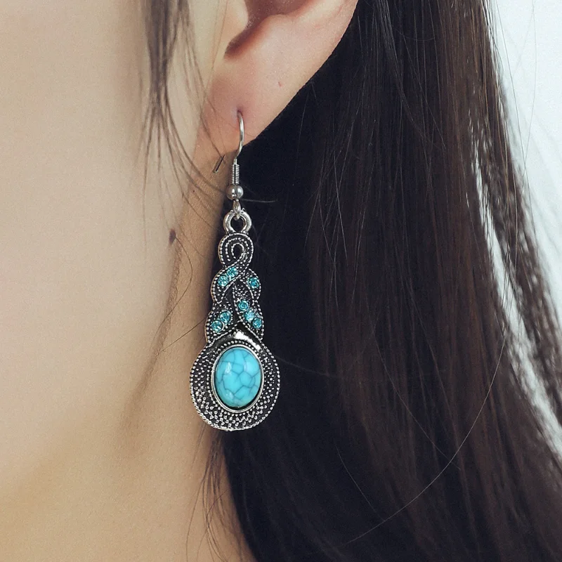 

Vintage Turquoise Inlaid Simple Bohemian Fashion Personality New Geometric Crown Leaf Lady Earrings Party Jewelry Gift