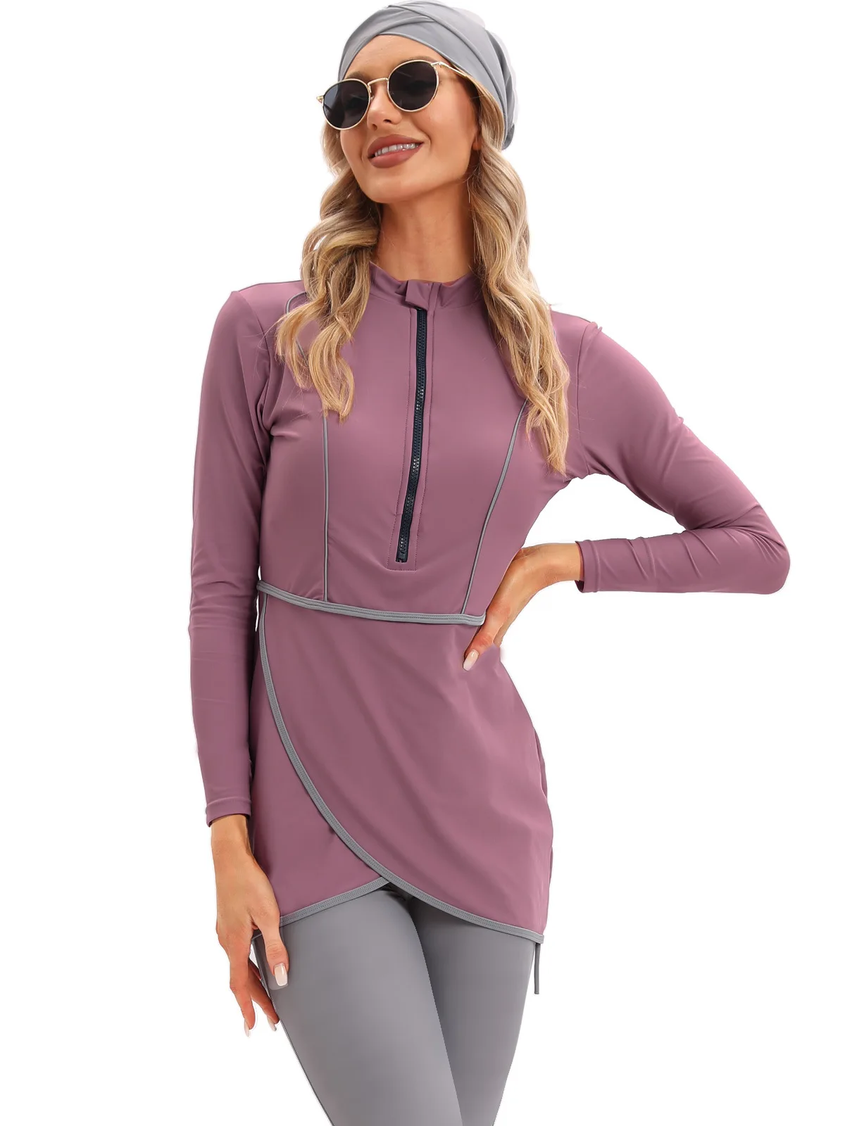 

New printed conservative zipper + chest pad swimsuit three-piece long-sleeved trousers sunscreen burkini muslim swimsuit