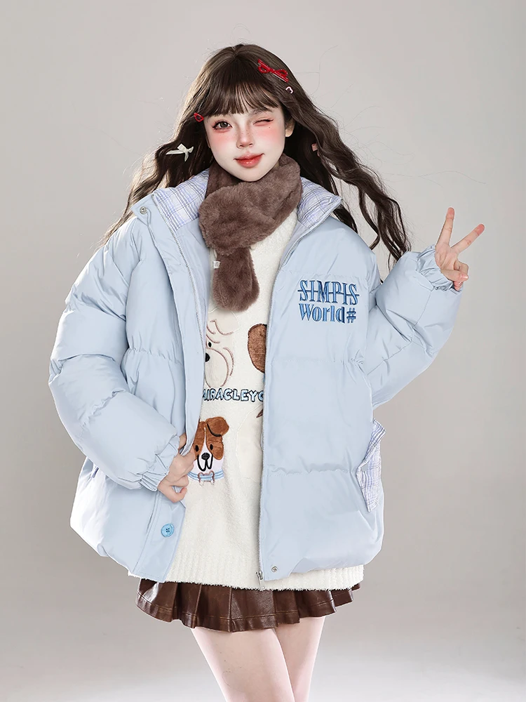 Корейская милая вышитая буквенная клетчатая куртка с воротником-стойкой