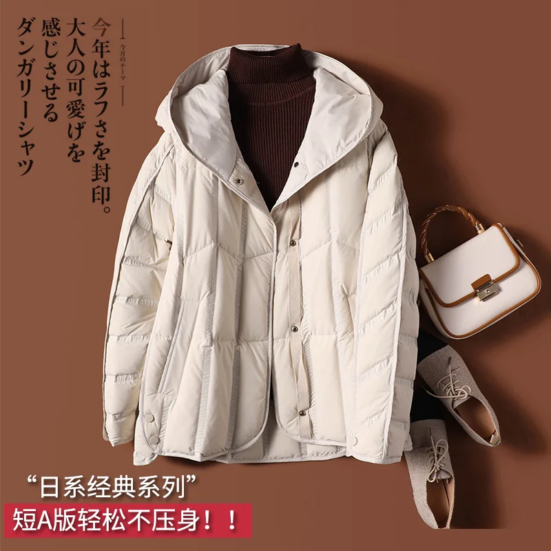 Thin 90% White Duck Down Jacket Women New Fashion Design Coat with Hooded High Street  Autumn/Winter Covered Button Wide-waisted
