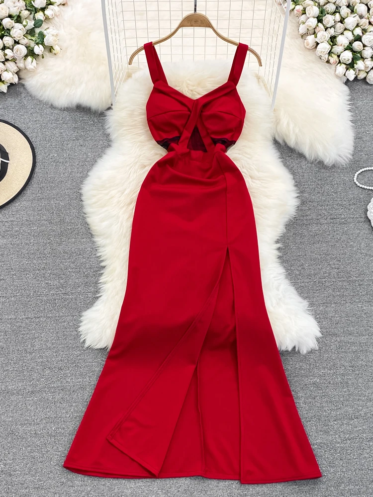 

Summer Sexy Hollow Out Spaghetti Strap Party Long Dress Red/Black V-Neck Slim Split Maxi Vestidos Female Elegant Robe New