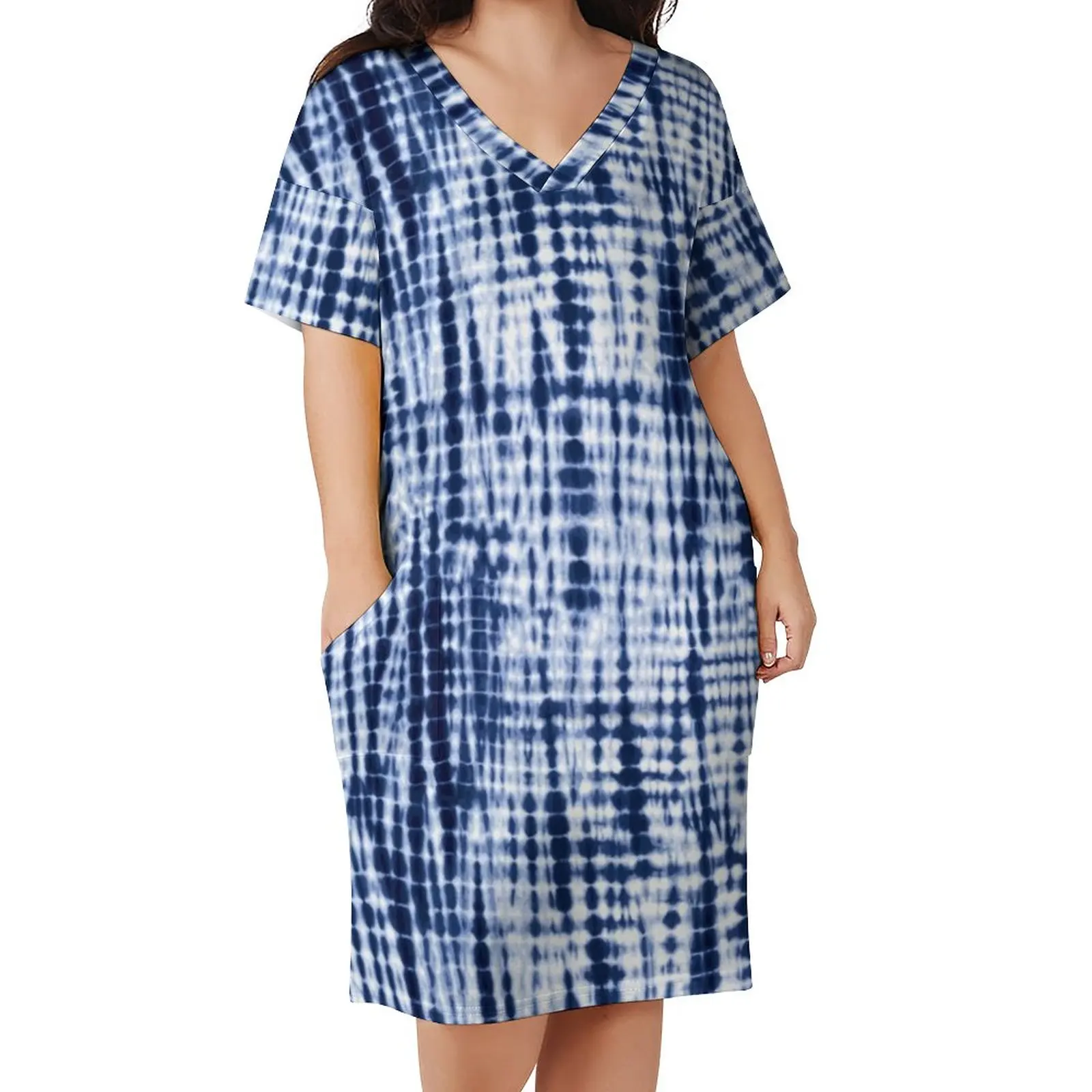 

Blue Tie Dye Pattern Casual Dress Artistic Vintage Print Elegant Dresses Female Short Sleeve Aesthetic Dress Big Size 4XL 5XL