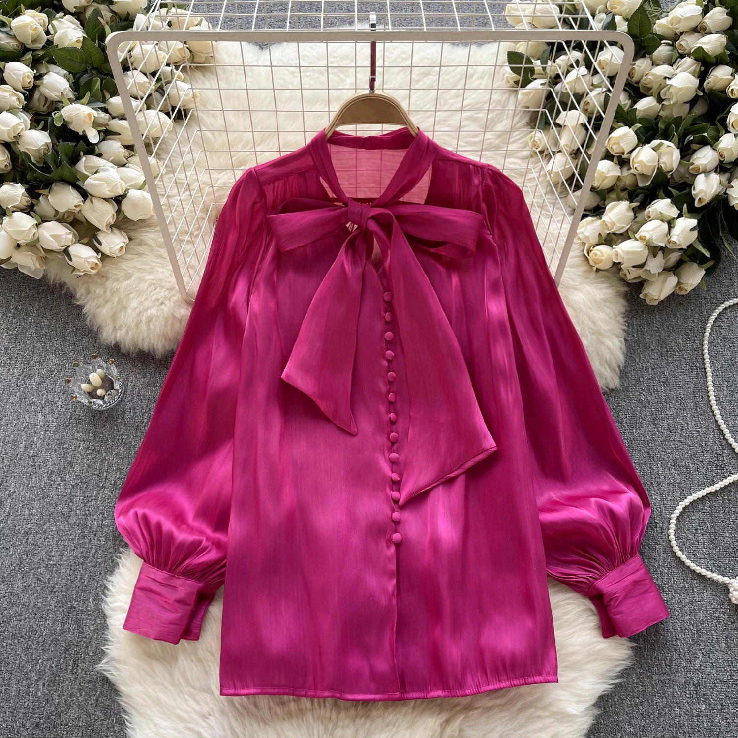 

Clothland Women Elegant Bow Tie Blouse Single Breasted Long Sleeve Candy Color See Through Shirt Sexy Tops Blusa Mujer LA997