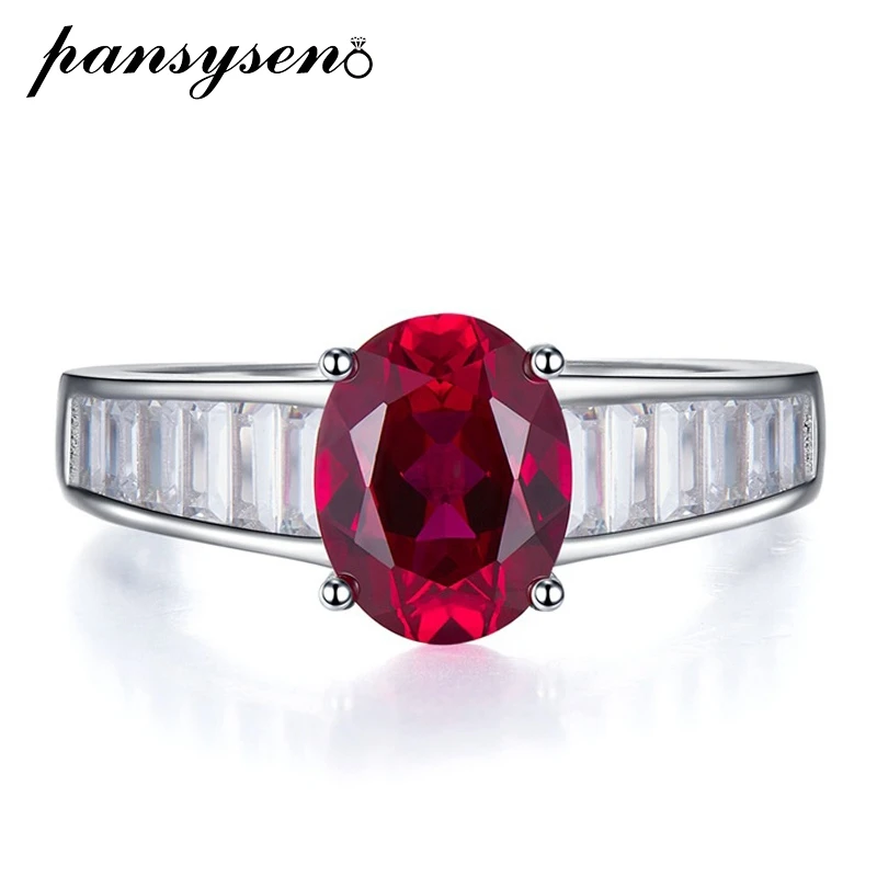

PANSYSEN Vintage Genuine 925 Sterling Silver Oval Cut 7x9MM Ruby Diamond Gemstone Wedding Engagement Ring Female Fine Jewelry