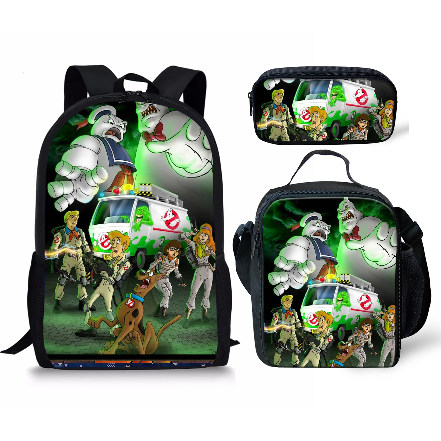 Ghostbusters Scooby Print Backpack Pencil & Lunch Bag Set Portable Travel Children's Knapsack Durable Large Capacity School Bags