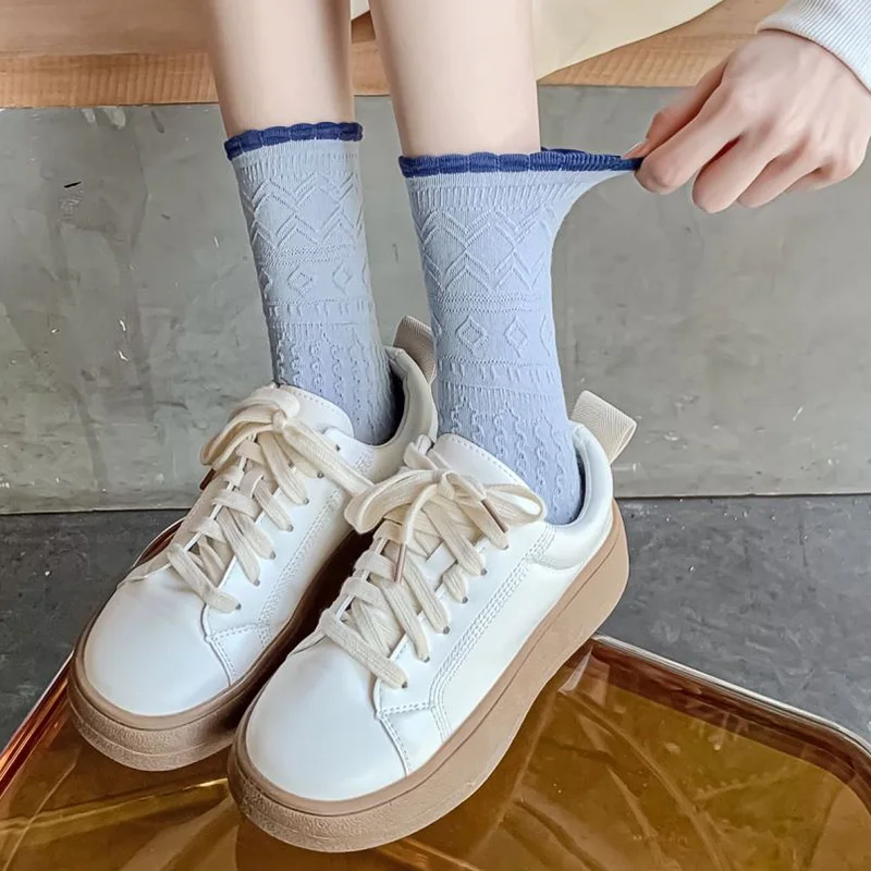 5 Pair Women Socks Wholesale Lot Geometric Patterns Winter Long Cotton Lolita Fashion Socks Set Girl Style Kawaii Sokken Vrouwen