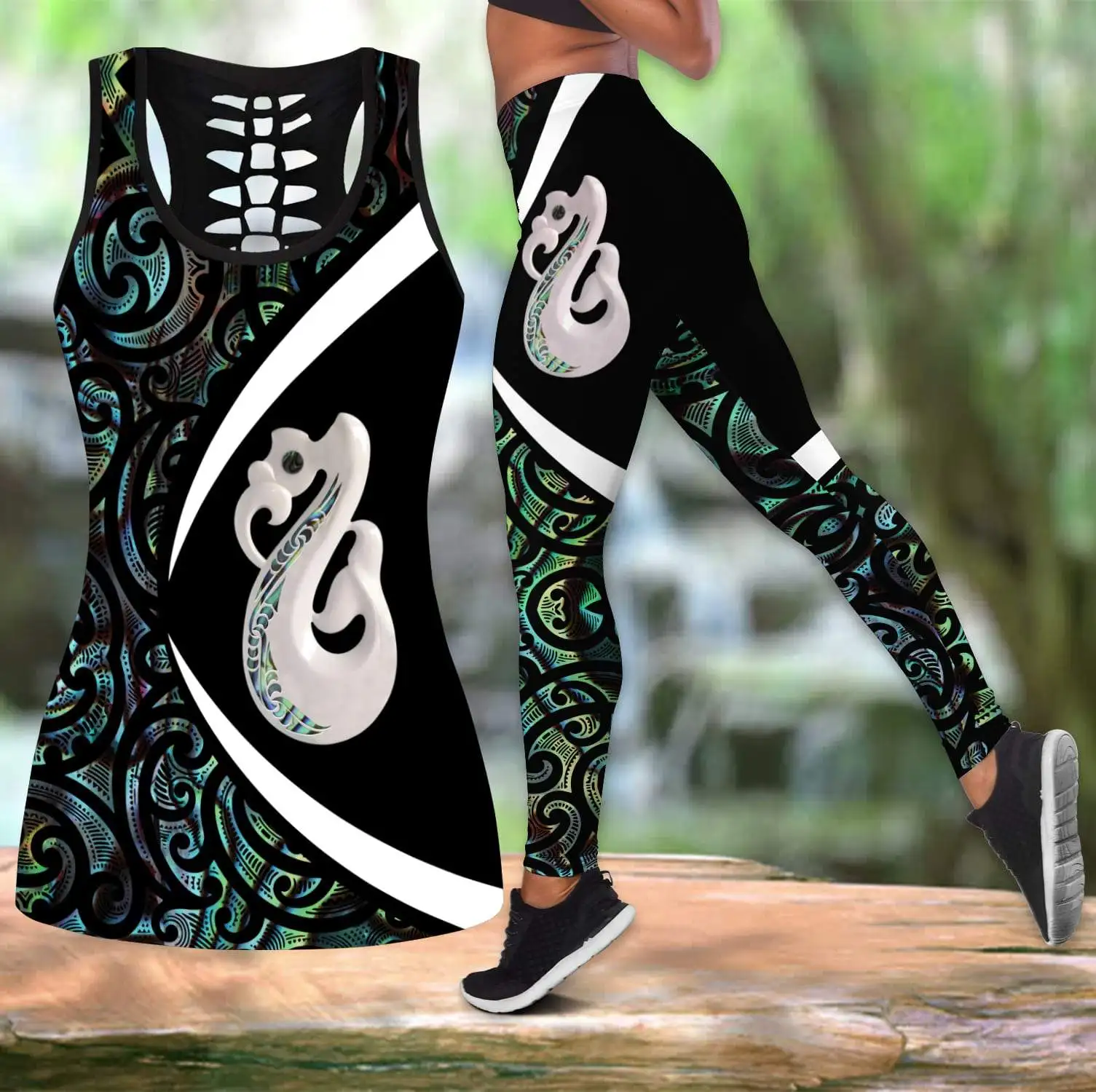 

Aotearoa Maori Серебряный папоротник Новая Зеландия комплект для йоги из двух предметов женский 3D принт с вырезами топ с высокой талией леггинсы летние спортив-7
