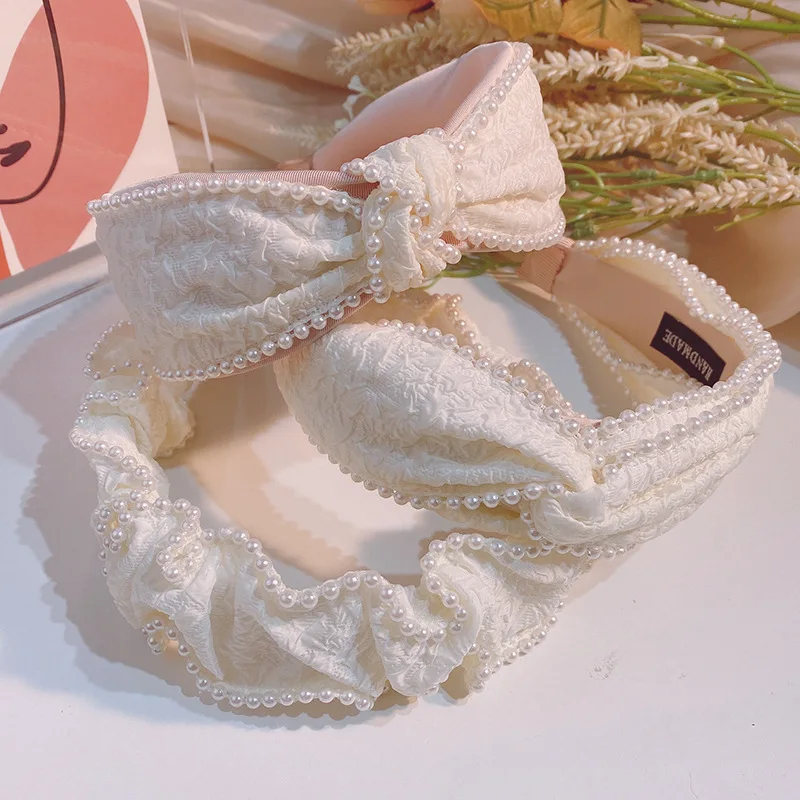 

2022 Hot Sale French Retro White Pearl Bow Headband Headband Headdress Fashion Women's Sweet Hair Accessories