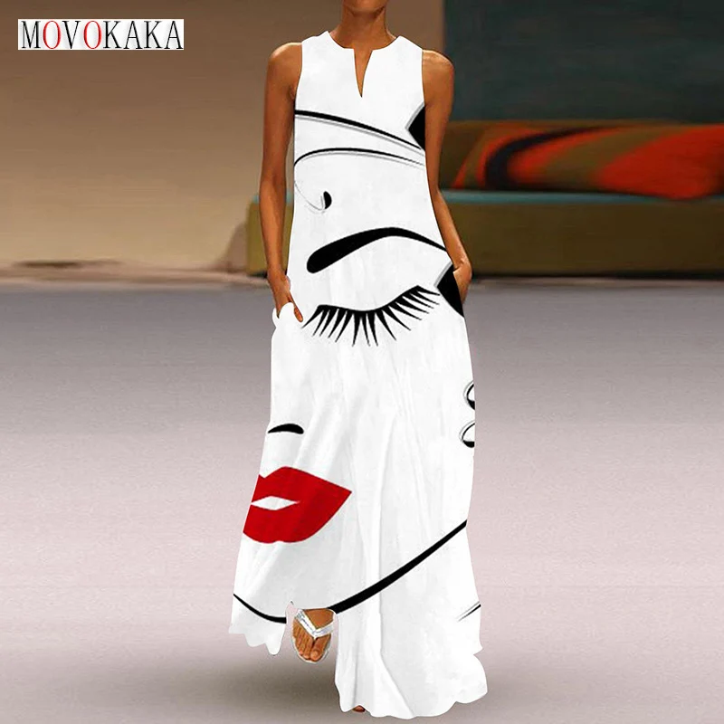 

MOVOKAKA Ladies Spring Summer Vintage Long Dress Sleeveless V-neck Face Print Elegant Dresses Party White Beach Maxi Dress Women
