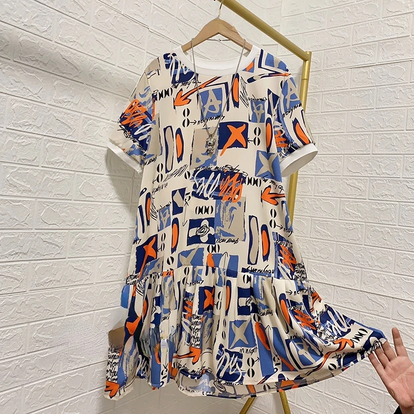 Платье женское с коротким рукавом модный свободный сарафан винтажным принтом