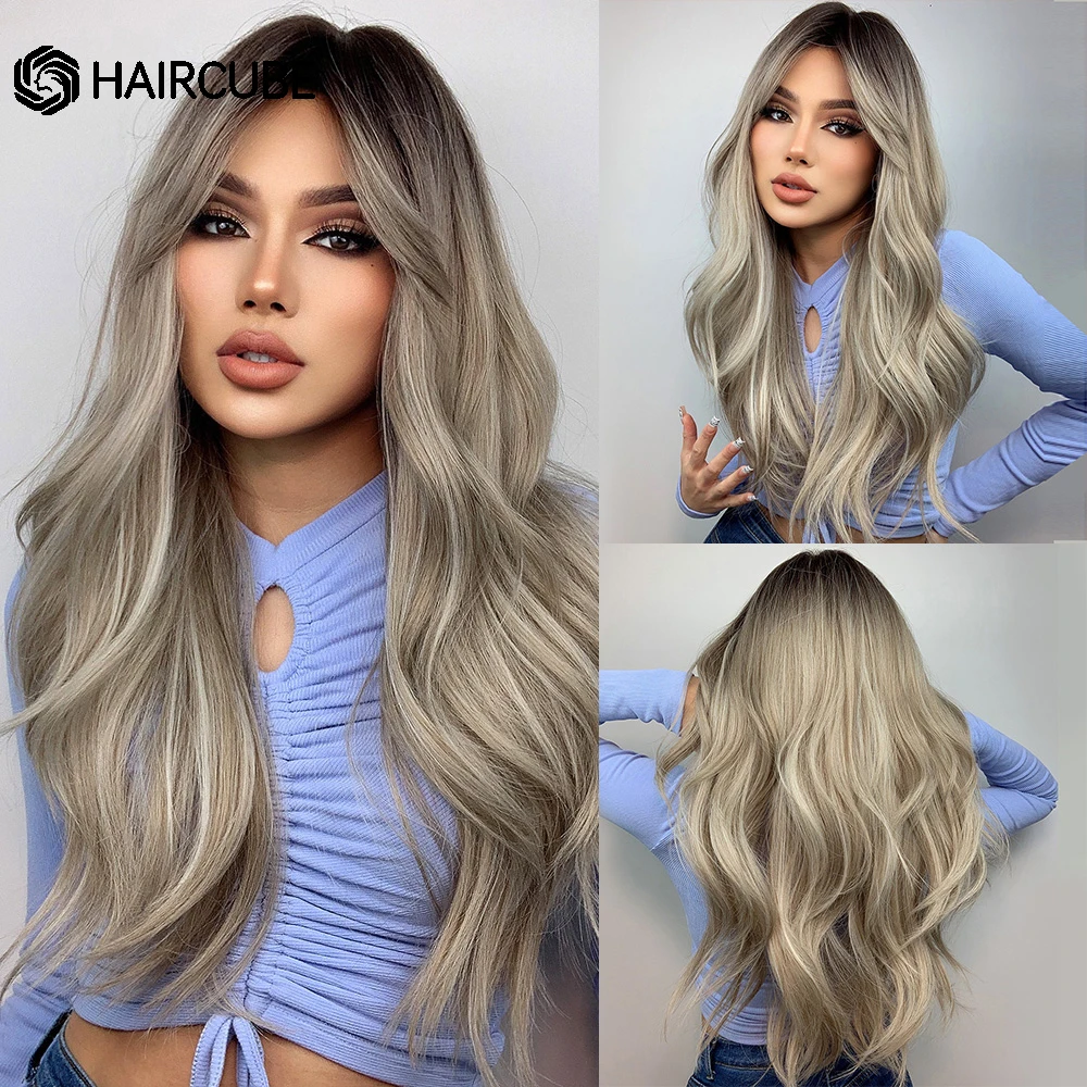 HAIRCUBE Long Wavy Black Brown Gray Ombre Synthetic Wig with Bangs Cosplay Daily Natural Wig for Women Heat Resistant Hair