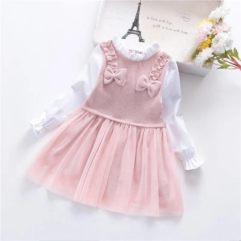 

Dresses 2-7Y Girls Children's Clothing Outfit Ruffled Dress Bow Autumn Clothes Winter Dress Pink Yellow Toddler Girl Dresses