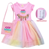 2022 girls summer cotton mesh splicing casual dress princess party kids skirt bag