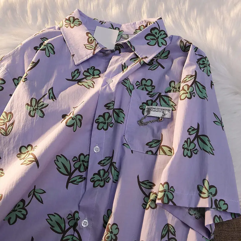 

Purple Retro Floral Short Sleeve Shirts Men Women Blouses Ins Summer 2022 New Loose Casual Hong Kong-style Shirts Outside Wear