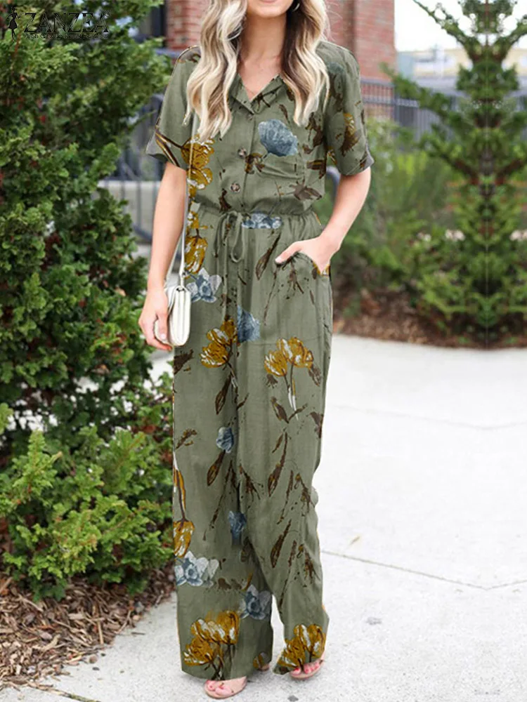 

Bohemian Summer Printed Floral Jumpsuits ZANZEA Women Lapel Neck Short Sleeve Rompers Casual Lace Up Playsuits Oversize Overalls