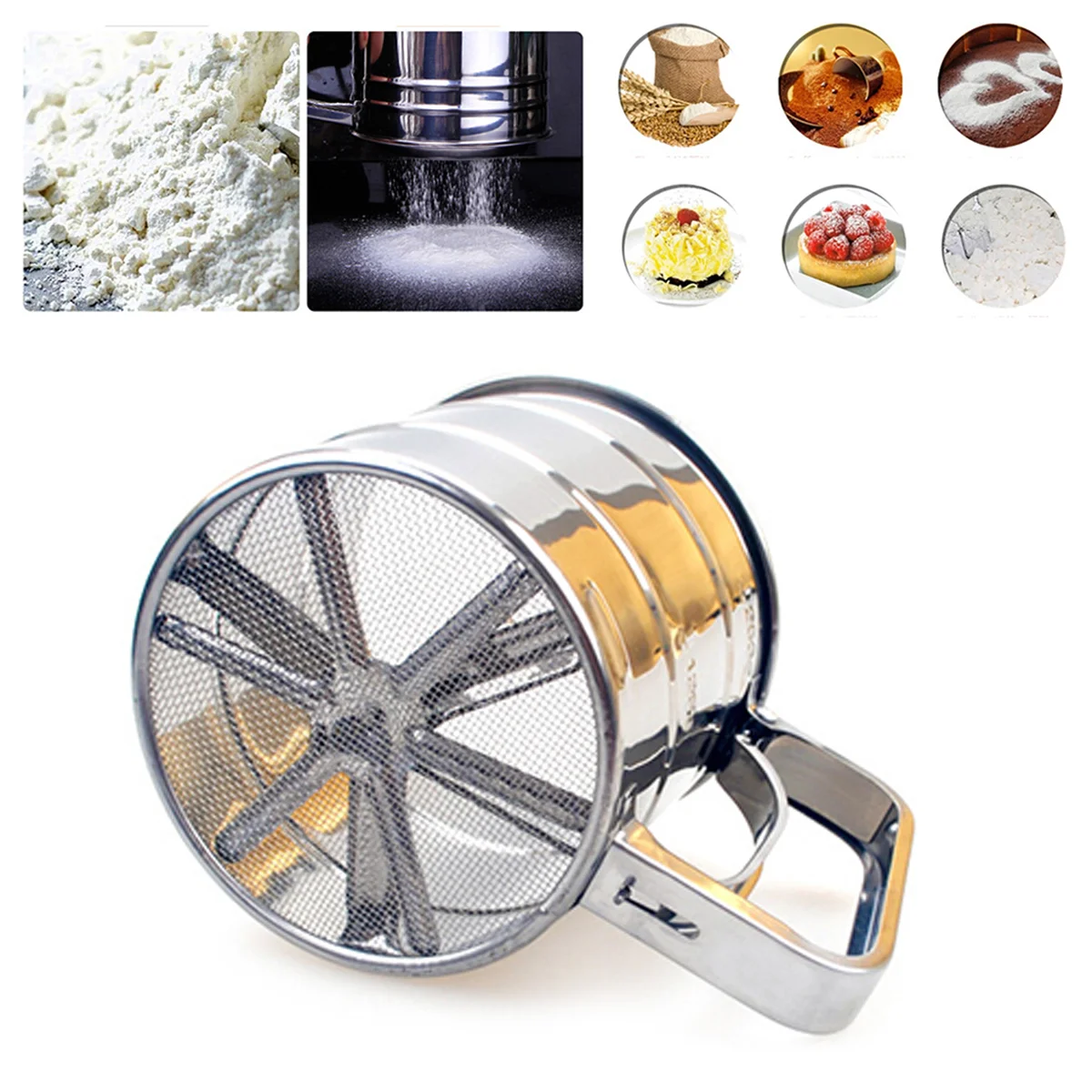 

Flour Sifter Stainless Steel Manual Sieve Large Capacity Strainer Kitchen Cooking Tool Sugar Filter Mesh