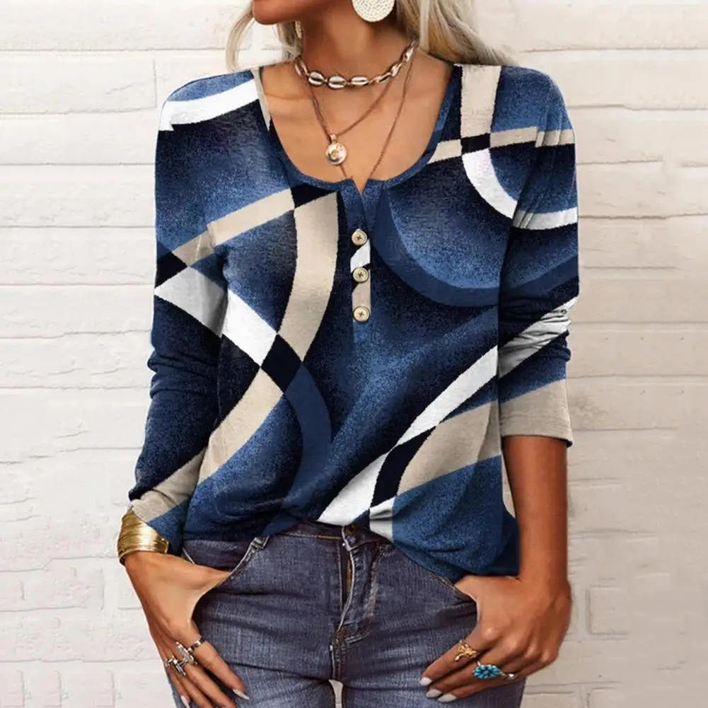 

Casual Women T-shirt Loose Spring Blouse Geometric Print Elegant Lady Spring Top Warm