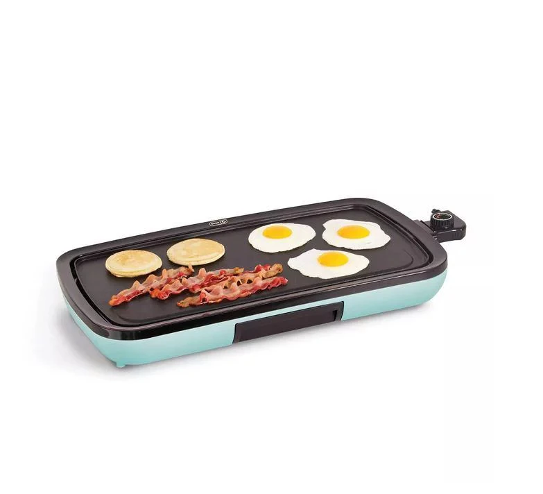 

Griddle for Pancakes Burgers, Quesadillas, Eggs & other on go Breakfast, Lunch & Snacks with Drip Tray + Included Recipe Book,