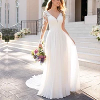 v neck long sleeves wedding dresses open back white lace applique bridal dress for wedding 2022 custom made civil robe de mariee