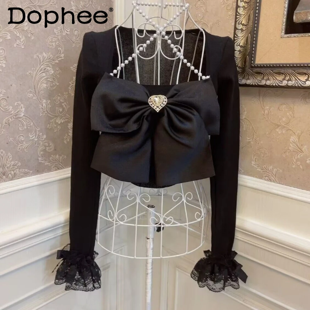 

Женский трикотажный свитер принцессы с бантом и вырезом-лодочкой