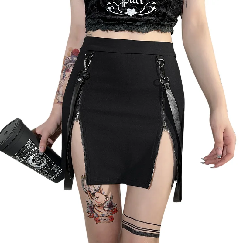 

2022 New High Split Design Punk Black Midi Wrap Skirt High Waist E-girl Aesthetics Patchwork A-line Streetwear Y2K Short Bottoms