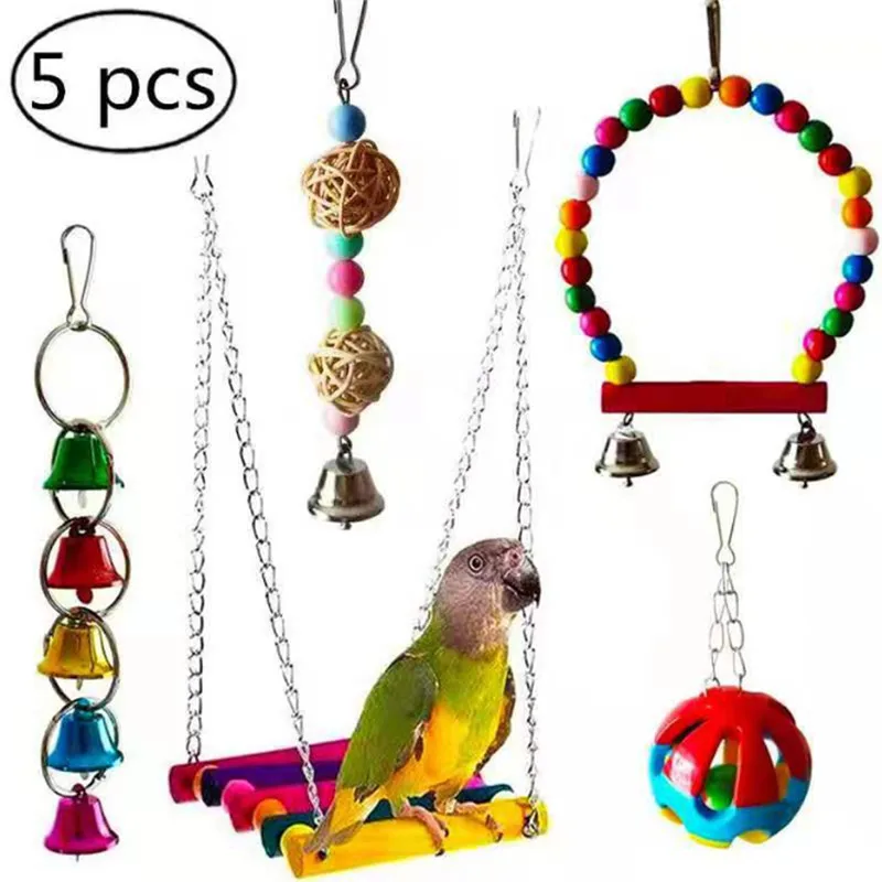 

5-10PCS Bird Cage Toys For Parrots Reliable Chewable Swing Hanging Chewing Bite Bridge Wooden Beads Ball Bell Toys