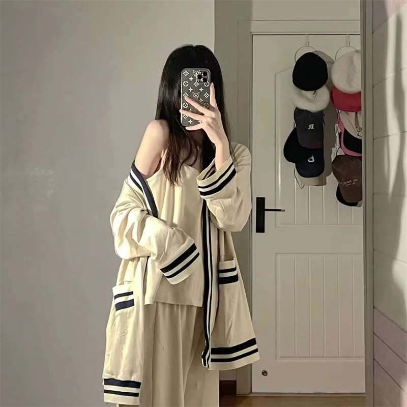 Women's Pajamas Set Sexy Stripe Sweet Princess Spring Pyjama Loose Size Mom Casual Homewear Cozy Sleepwear 3Piece/Set