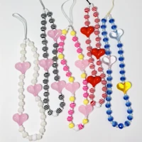 fashion phone charms pink heart acrylic colorful striped beaded mobile chains for women keychains hanging trendy phone jewelry