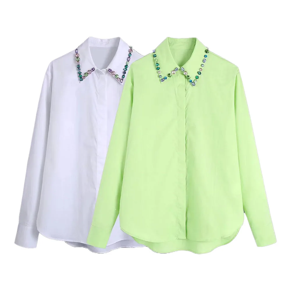 

URMASZA 2022 women's spring and summer new fashion two-color jewelry inlaid neckline poplin fashion woman blouses 2022