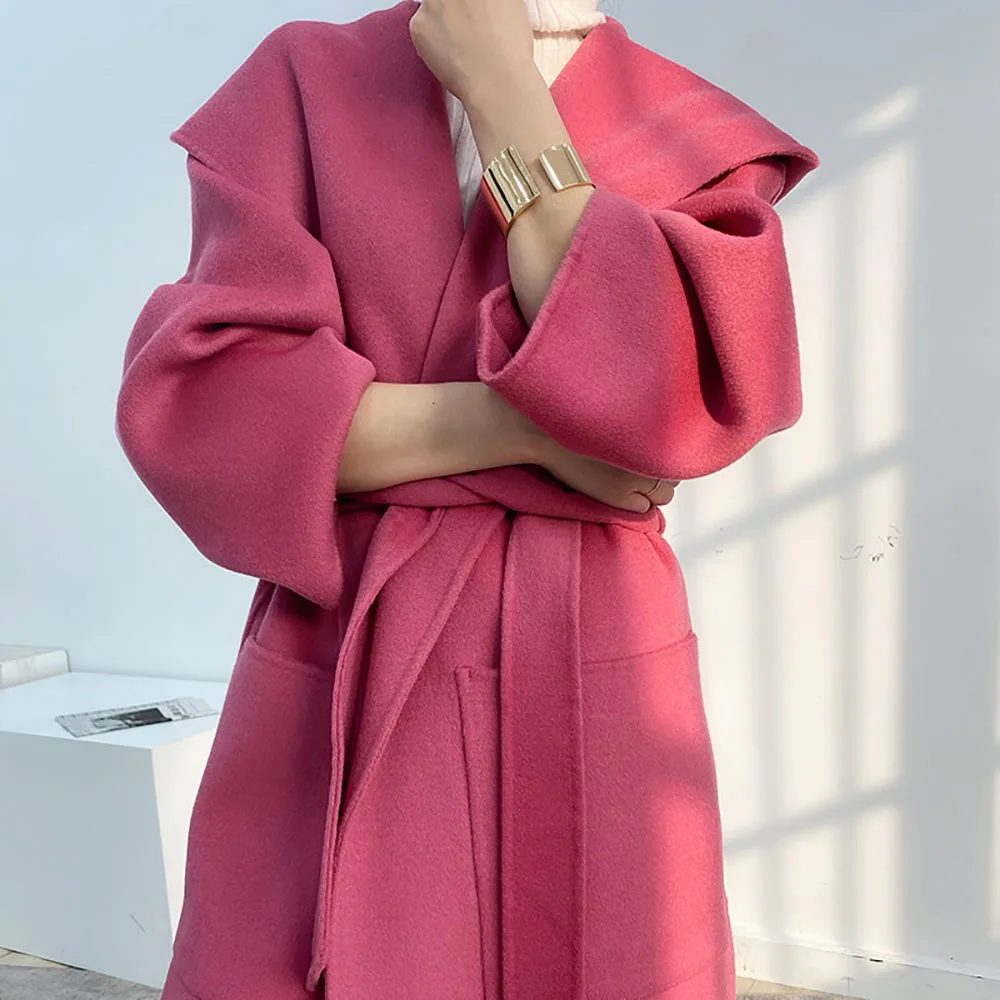 

Double Face Wool Coat Women's Fashion 2022 Autumn Winter New Hooded Lacing Woolen Coat High Quality Mid-Length Winter Overcoat