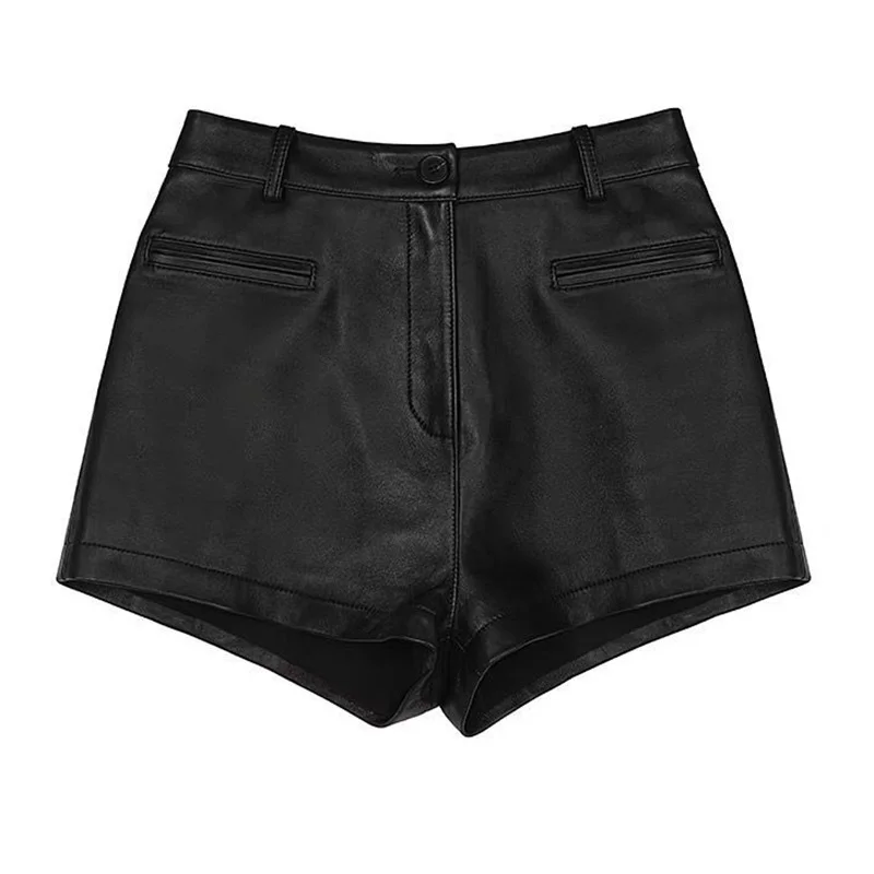 Sexy Women Black Leather Shorts High Waist Sheepskin Leather Pants With Zipper Hot Shorts Lady TF4798