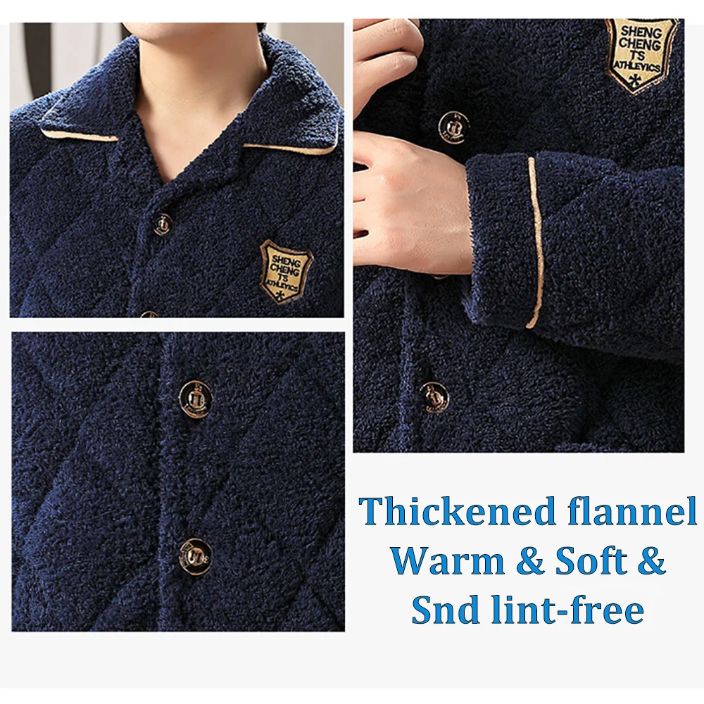 Winter Flannel Sleepwear Pajamas For Men Three-layer Thicken Super Warm Pajamas Casual Solid Plaid Sleeping Clothes pyjama homme