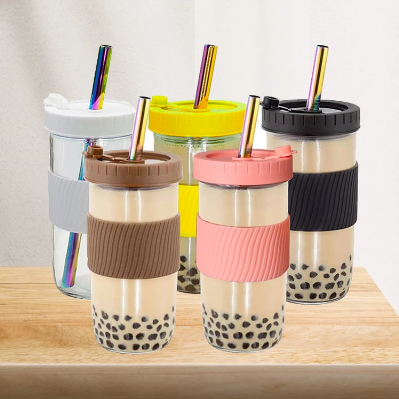 

Lid Large Colorful Sealed Travel Water Reusable Drink Sports Plastic Capacity Family Straw With Cup Glass Lid Coffee Cup Jar Set