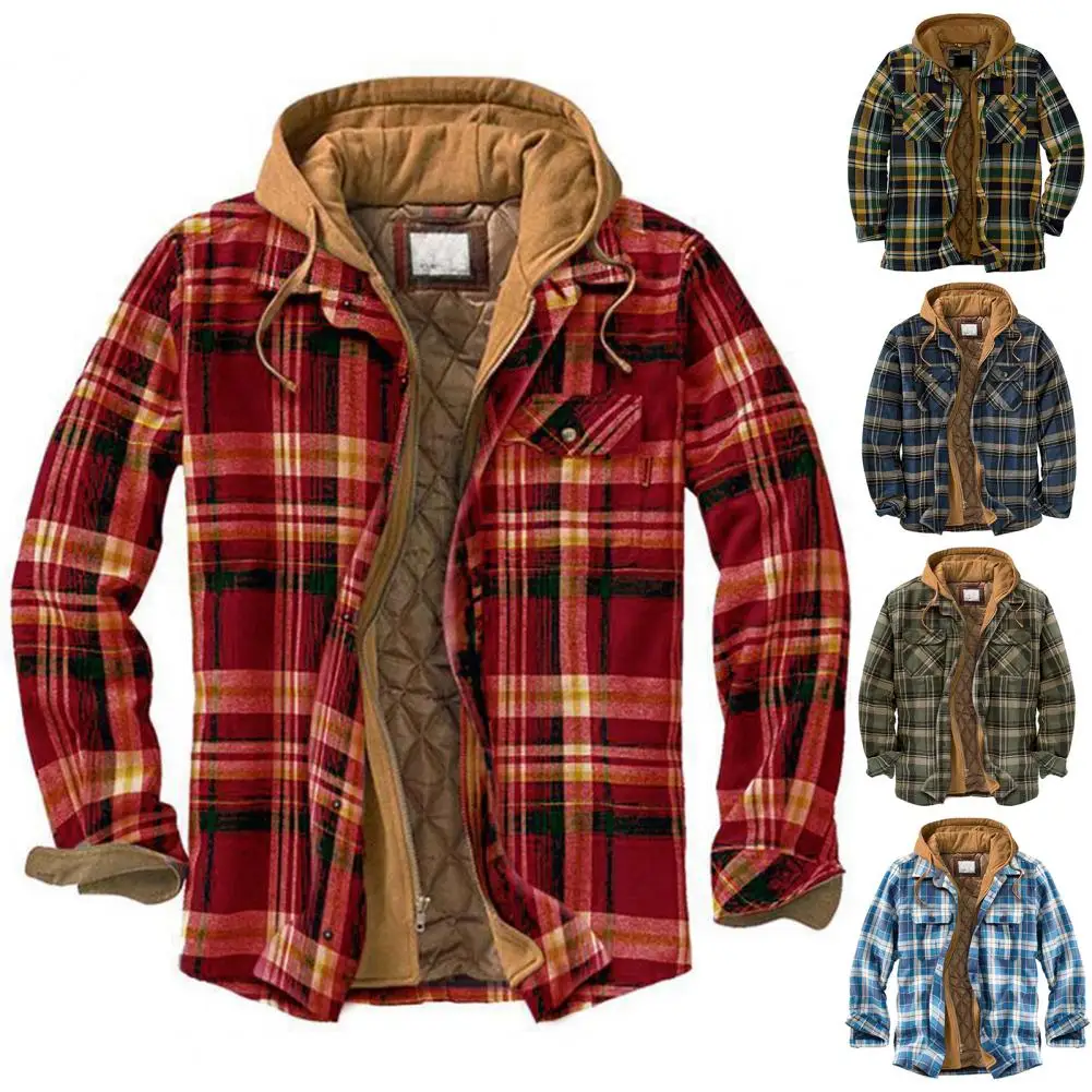 

Stylish Men Hoodie Autumn Winter Hooded Jacket 3D Pattern Checkered Quilted Shirt Jacket Coldproof