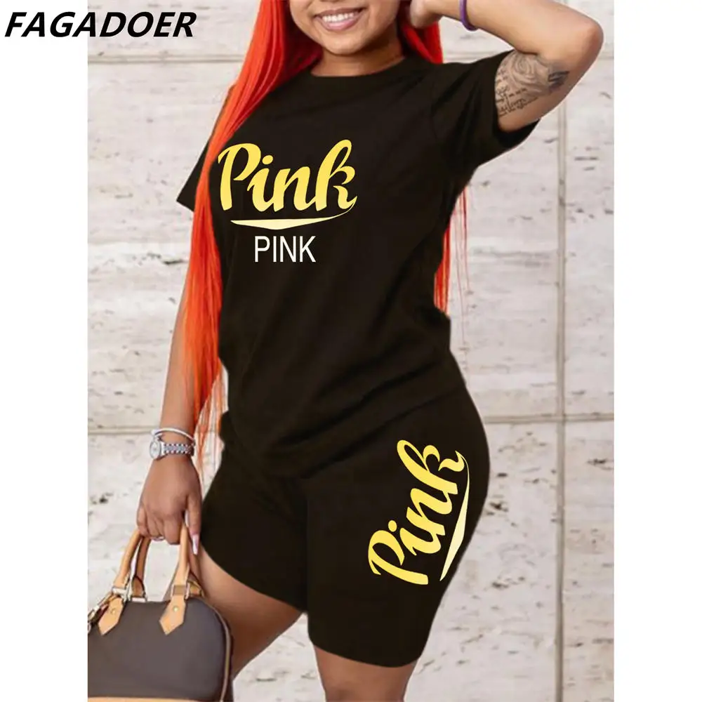 

FAGADOER Fashion Streetwear PINK Letter Print Two Piece Sets Women Round Neck Tshirt And Shorts Tracksuits 2022 Summer Outfits