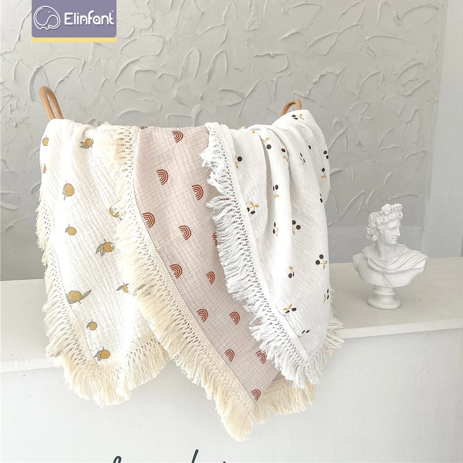

Elinfant 100% Cotton Crepe Printed Fringe Blanket Wrap Baby Muslin Blanket Stroller Blanket