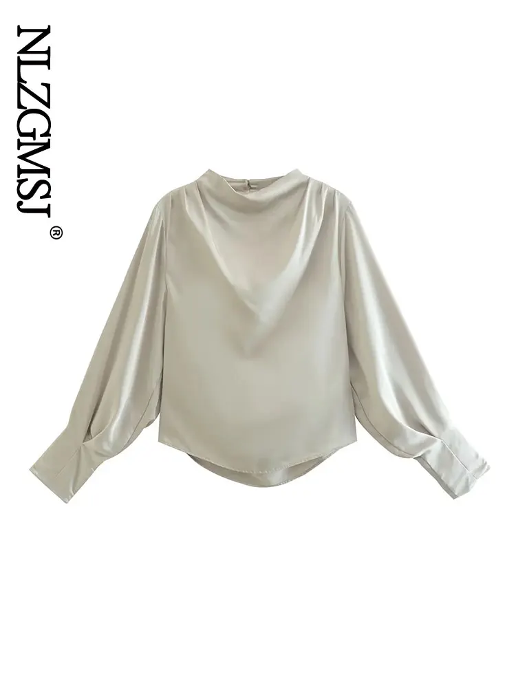 

Женская атласная блузка с расклешенными рукавами Nlzgmsj, шелковая плиссированная Свободная блузка с круглым вырезом и наплечниками, женский ...