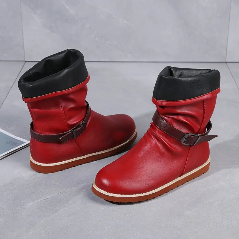 Large Size Women's Shoes 2022 Autumn New Buckle Retro Thick Bottom Non-slip Wear-resistant Middle Boots Women Cowboy Boots