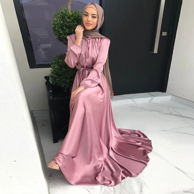 Women 2022 Spring Long Sleeve Solid Muslim Sundress Lace Up Vestido Dubai Abaya Hijab Robe Elegant Maxi Fashion Satin Dress