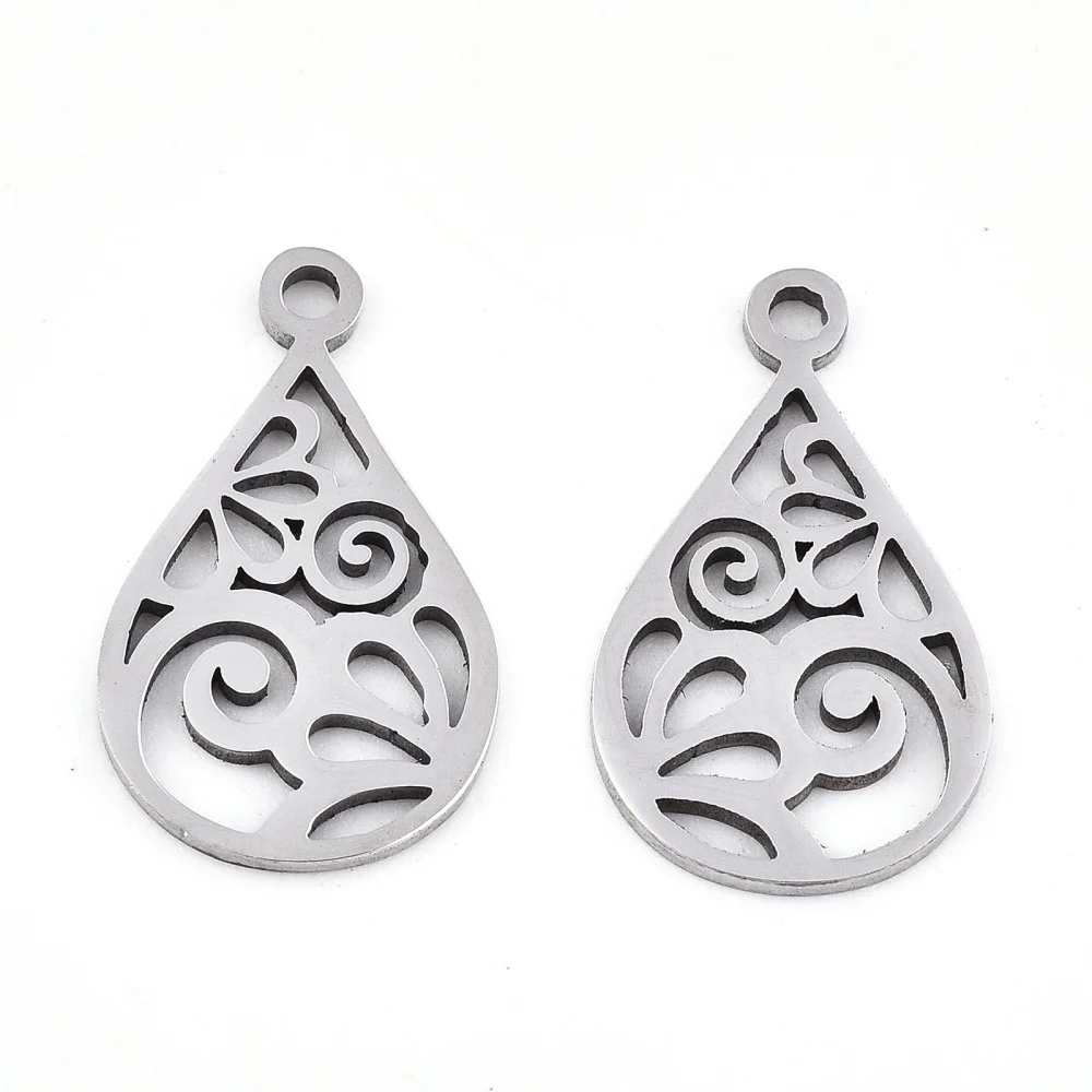 

5PC 201 Stainless Steel Pendants Laser Cut Teardrop Stainless Steel Color 17x10x0.9mm Hole: 1.4mm