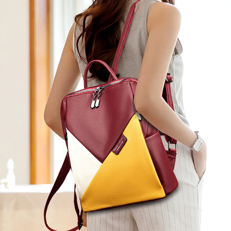 

2022 Fashion Stitching Design Women's Backpack Luxury Contrast Color Schoolbag For Girls Casual Travel Ladies Shoulder Backpacks