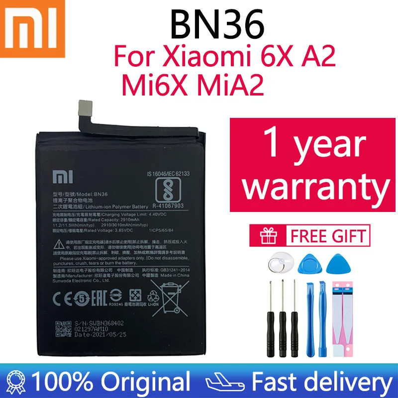 

Xiao mi 100% Orginal BN36 3010mAh Battery For Xiaomi Mi 6X Mi6X Mi A2 MiA2 BN36 High Quality Phone Replacement Batteries +Tools